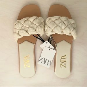 Zara Pearl Detail Woven Slide Sandals Size 39, NWT